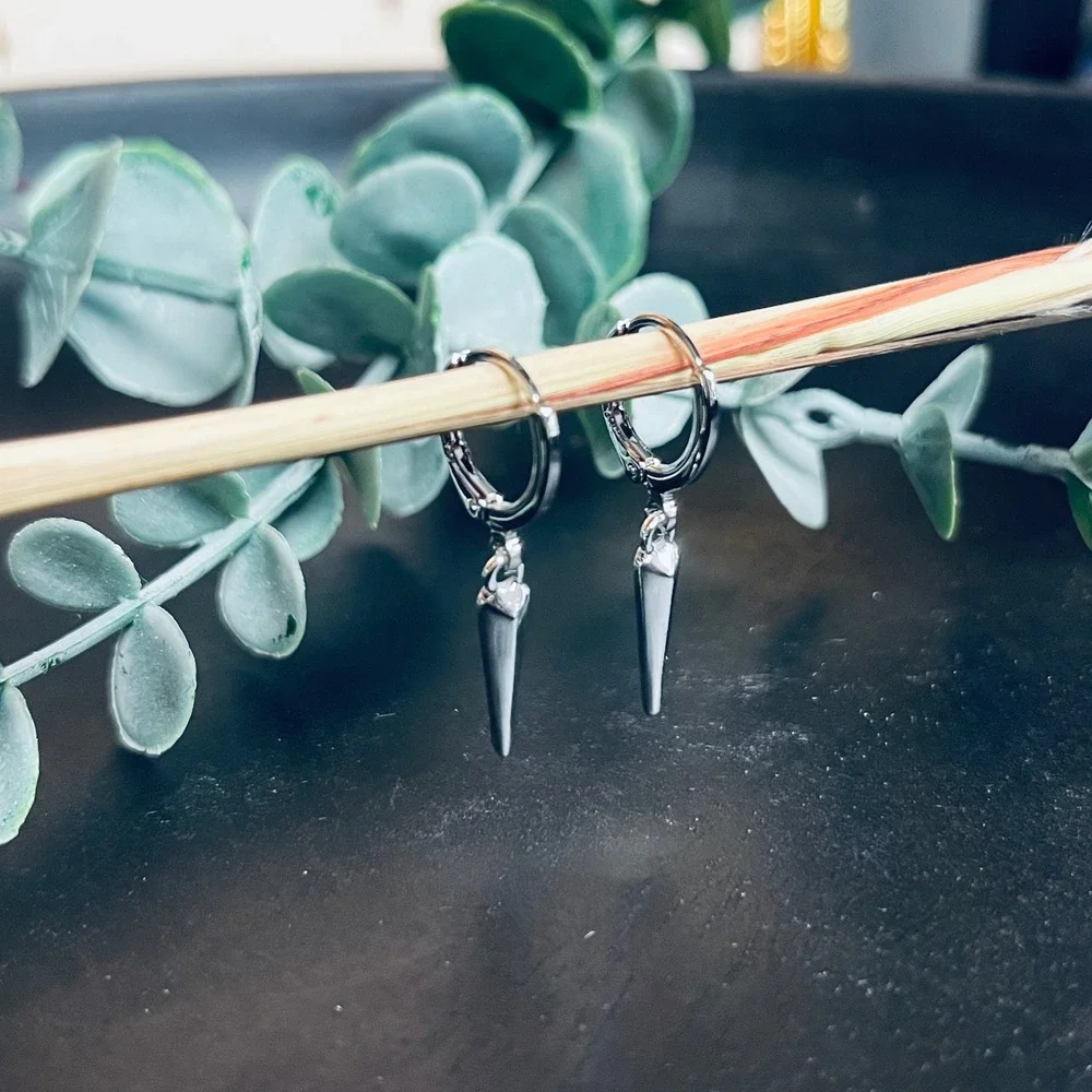 Witchy Athame Dagger Huggie Hoops | 14k White Gold Plated Earrings |‎ Boho Pagan